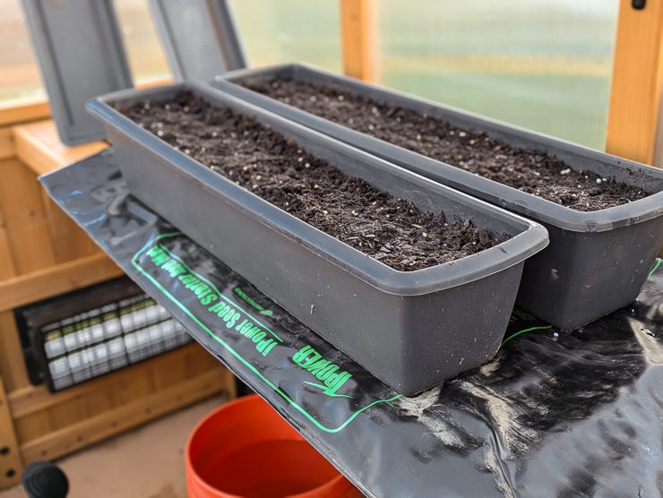 long container of soil on a heat mat