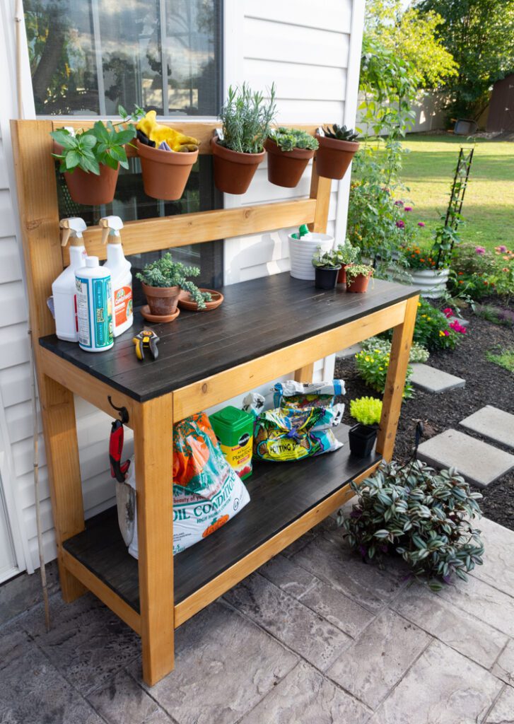 DIY potting bench on a patio