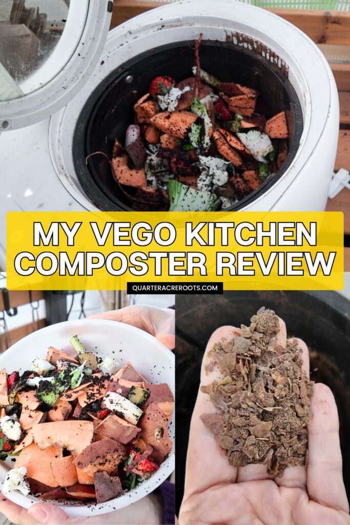 collage with images of the vego composter that says my vego kitchen composter review